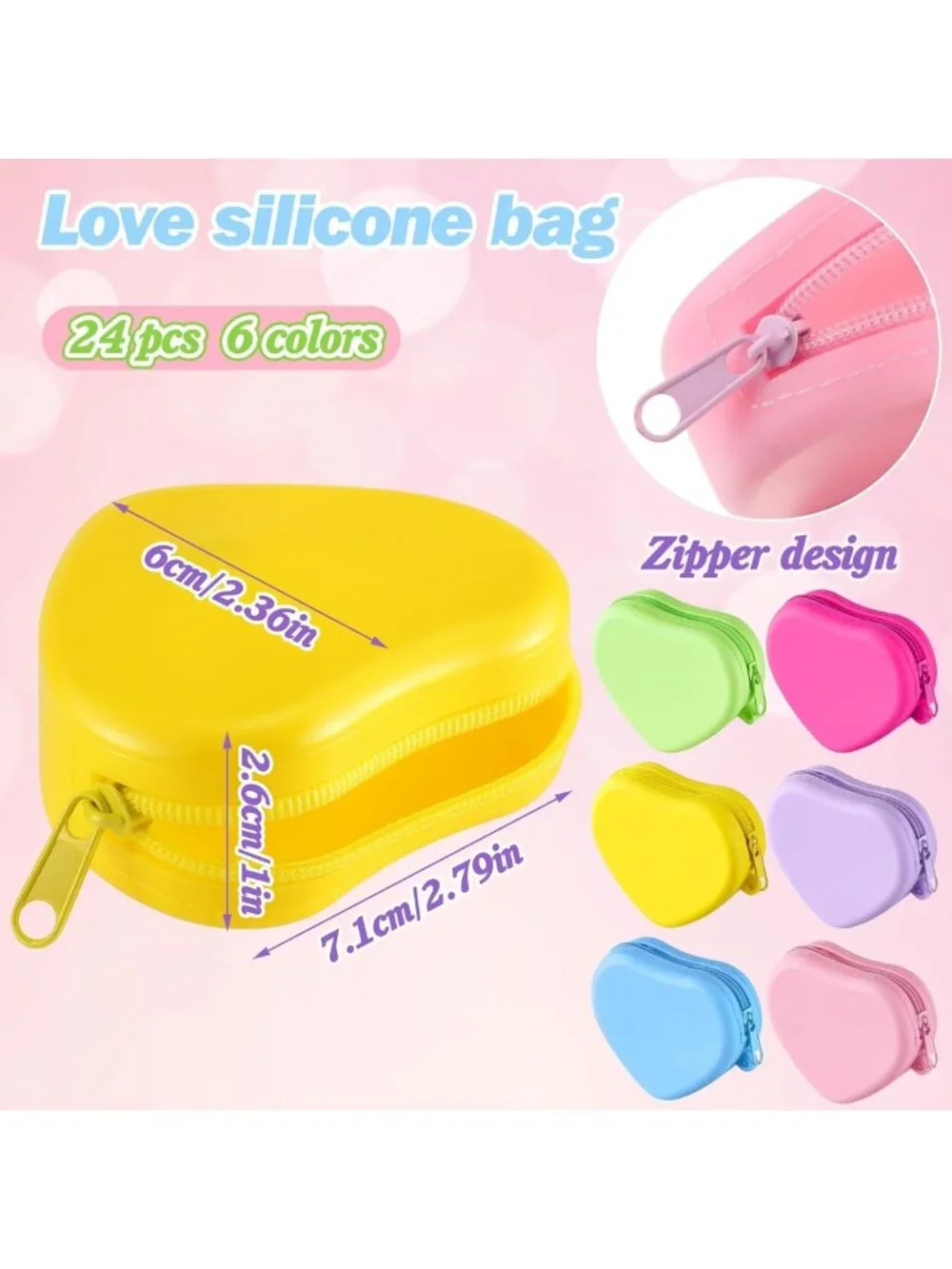 24 Heart Shaped Silicone Coin Pouches - Cute Mini Wallets with Keychain for